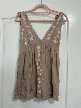 Embroidered Taupe Boho V-Neck Dress